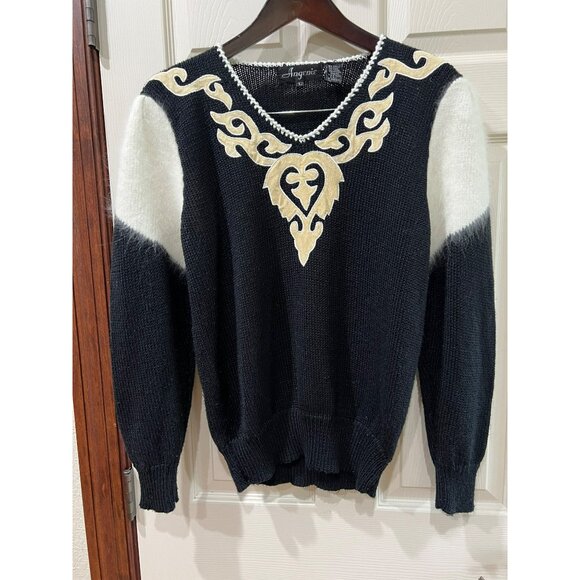 Vintage Angenie Black V-Neck Sweater Gold Embroidered Design & White Fuzzy - Picture 2 of 6